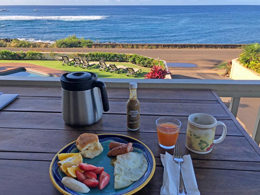 Kauai Juice Co hot sauce is a breakfast favorite on Alihi Lani #4 lanai