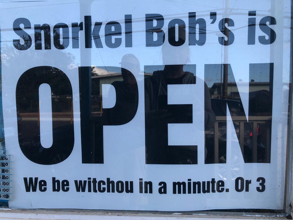 open sign at Snorkel Bob's rental shop in Koloa Kauai